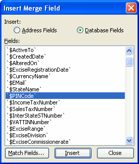 Insert Merge Field in Mail Merge - MS Word 2003