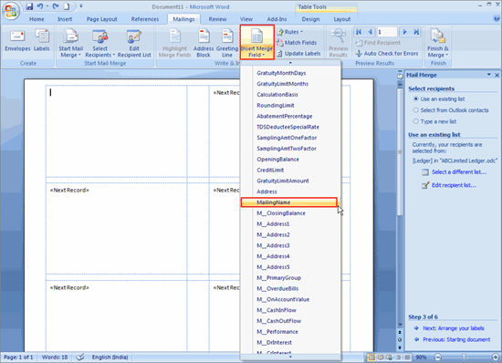 Insert Merge Field Mailings Tab - MS Word