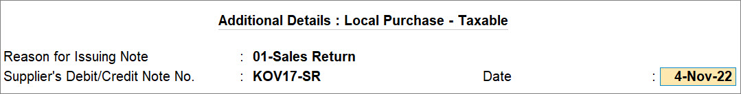 Additional Details for Purchase Return of RCM Goods in TallyPrime