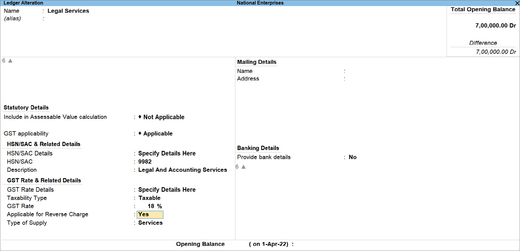 Configure Service Ledger for Reverse Charge Mechanism in TallyPrime