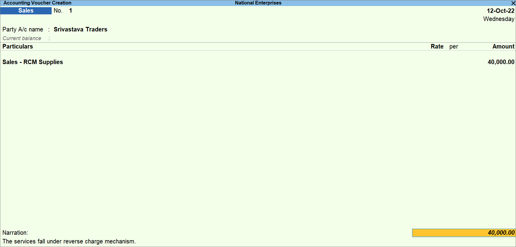 Sales Invoice Recorded for Sales of RCM Goods and Services to Registered Dealer in TallyPrime