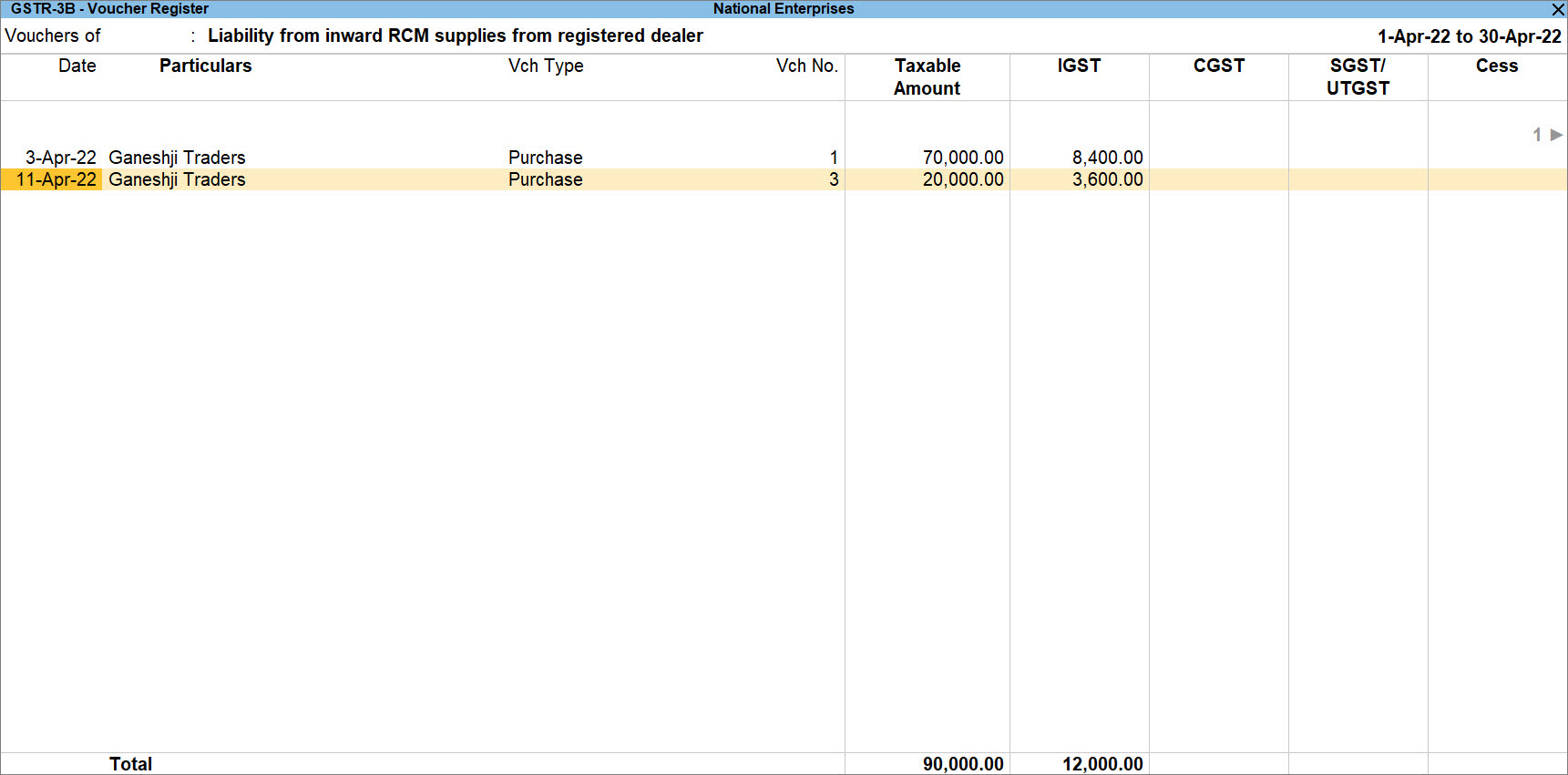 Purchase Voucher for RCM Services in GSTR-3B of TallyPrime