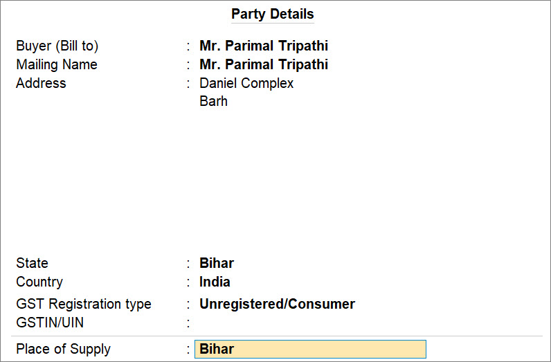 Party Details in Sales of RCM Goods and Services to Unregistered Dealer in TallyPrime