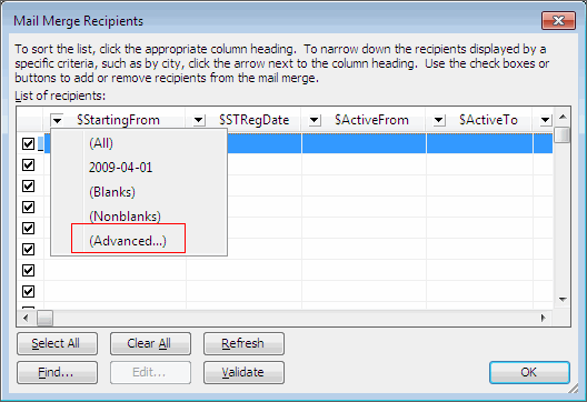 Mail Merge Recipients - Applying Advanced Filters