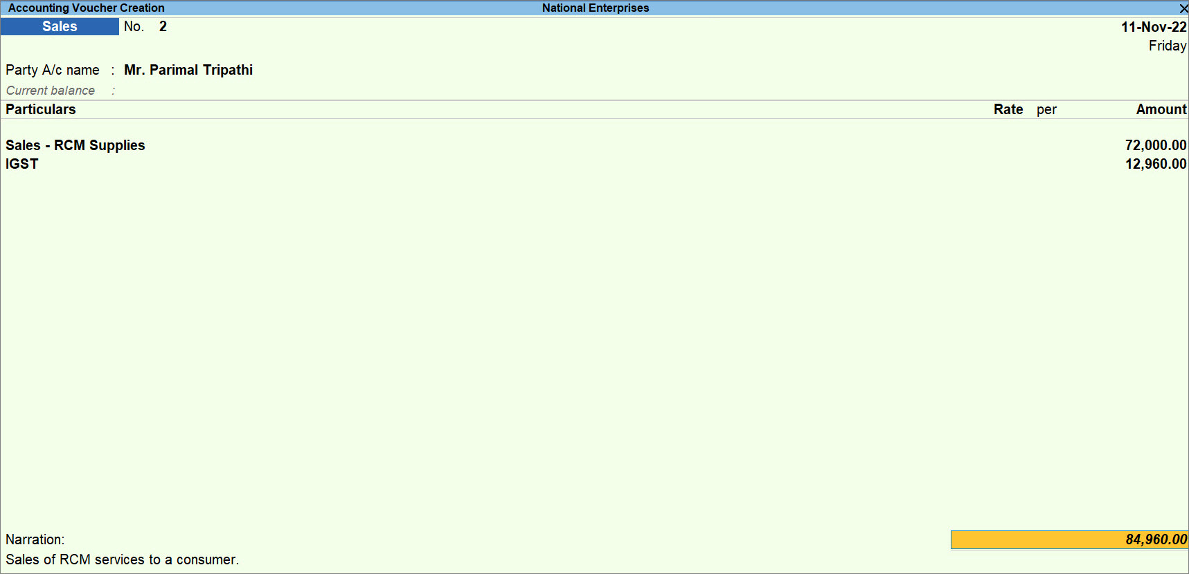 Sales Invoice Recorded for Sales of RCM Goods and Services to Unregistered Dealer in TallyPrime