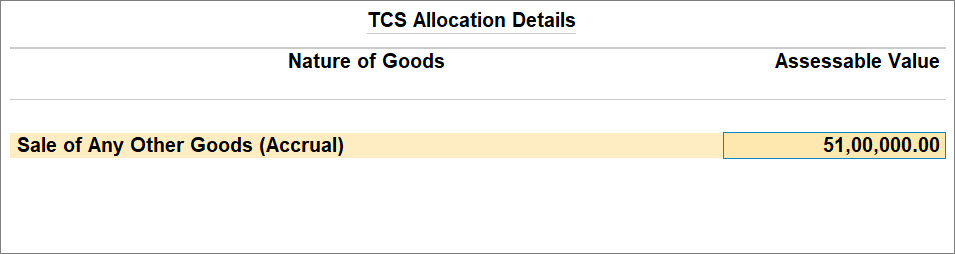 TCS Sales Above Threshold with TCS Nature of Goods (Accrual)