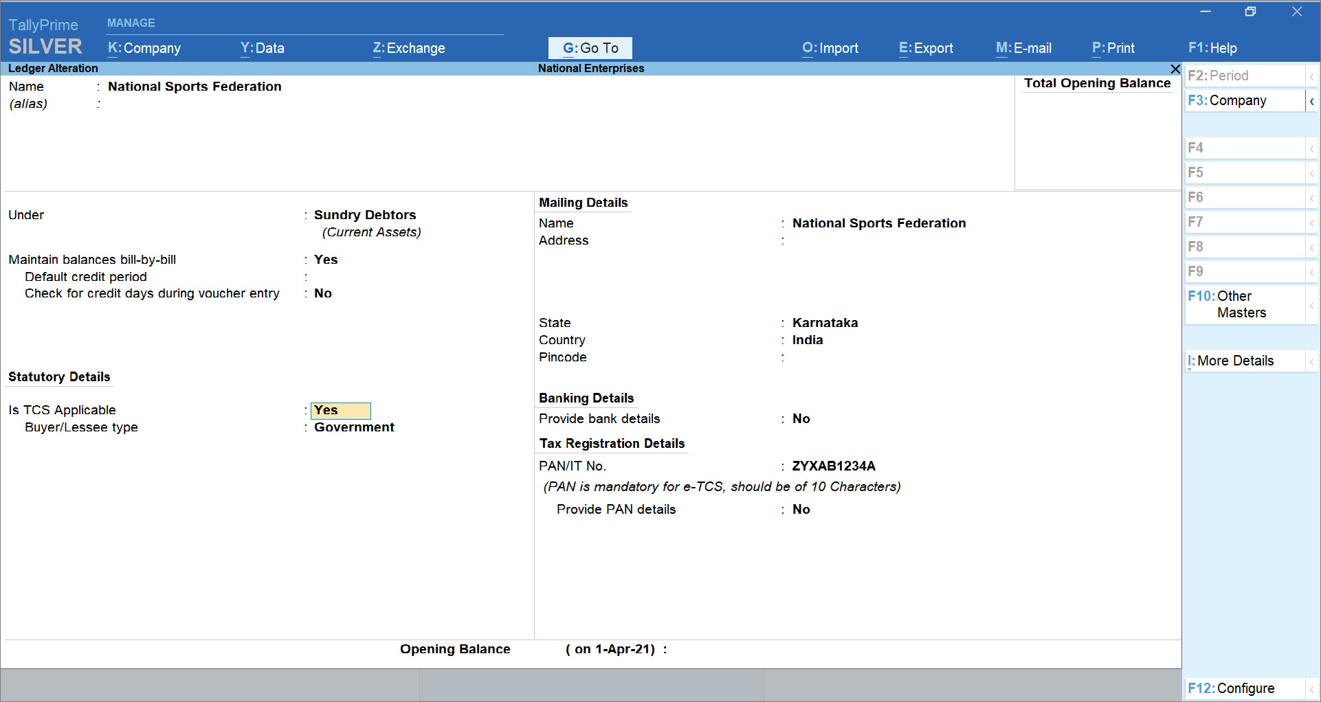 Is TCS Applicable Set to Yes in Listed Collectee Party Ledger