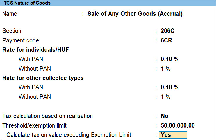 TCS Nature of Goods (Accrual)