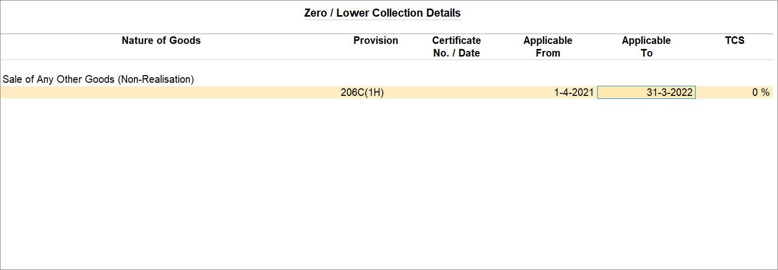 The Zero Lower Collection Details screen in Listed Collectee Party Ledger