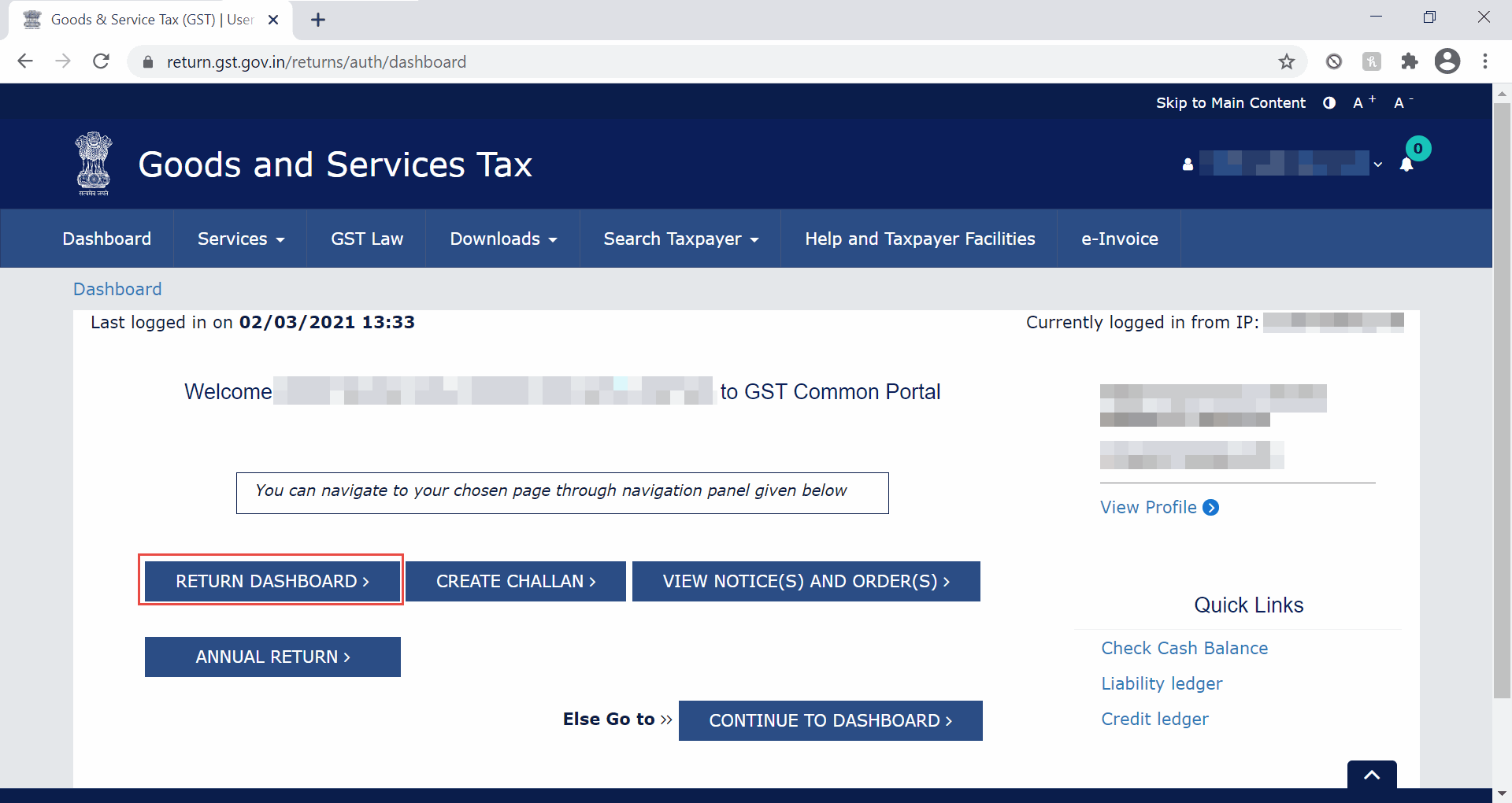 Return Dashboard on the GST Portal