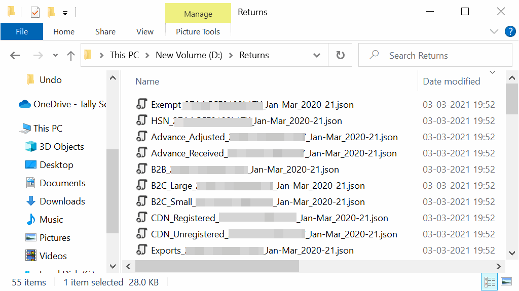 Select JSON Files of Sections other than B2B for the Quarter Generated Using TallyPrime