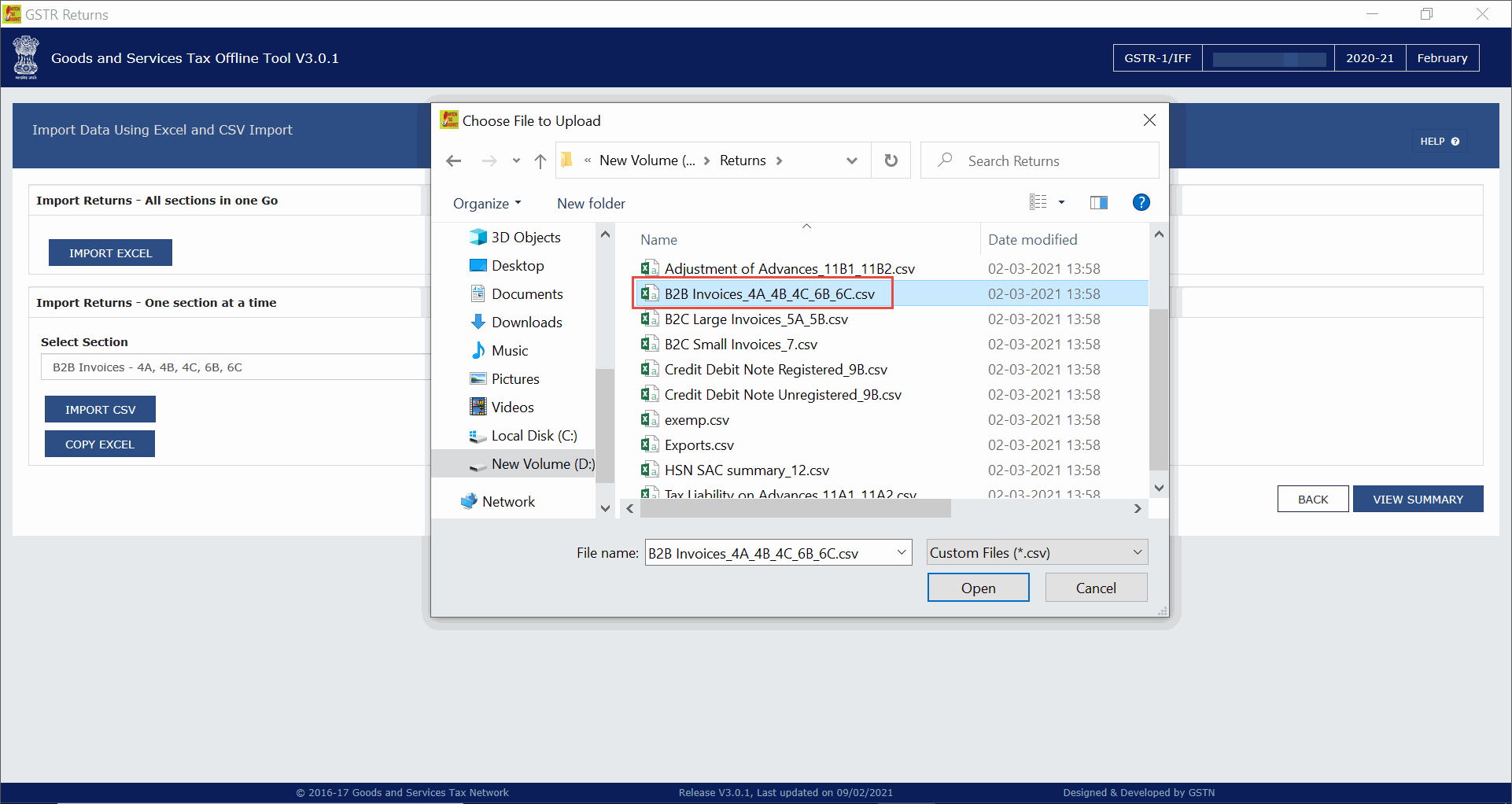 Select CSV Files to be Converted into JSON Files Using GST Offline Tool