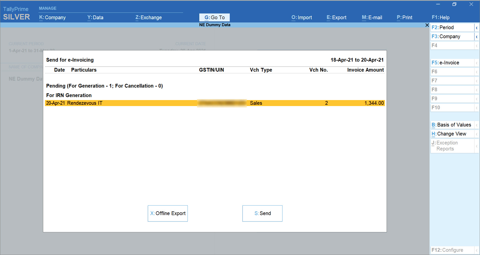 Send for e-Invoicing screen in TallyPrime