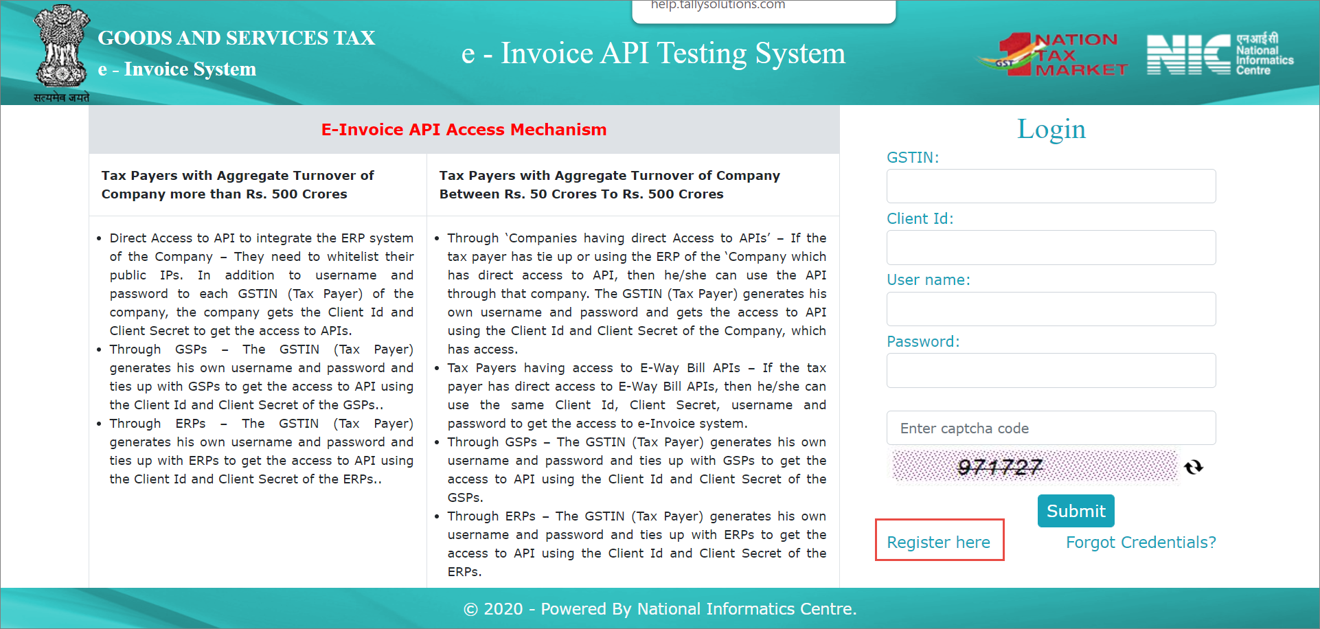 The e-Invoice API Testing System Screen on which Users Click Register Here 