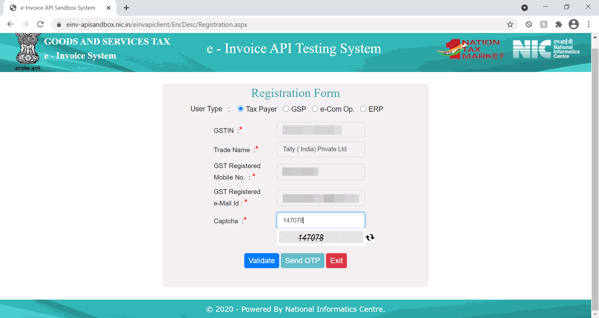 e-Invoice Sandbox Registration Form after Providing All the Details - Click Send OTP