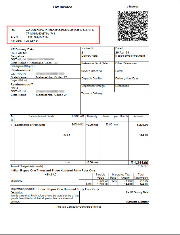 e-Invoice with QR Code and IRN Details Generated Using e-Invoice Sandbox in TallyPrime