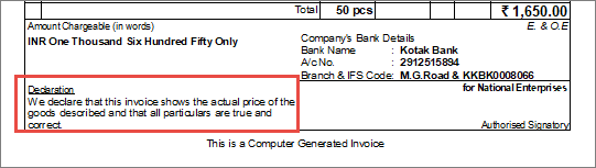 Print declaration in invoice