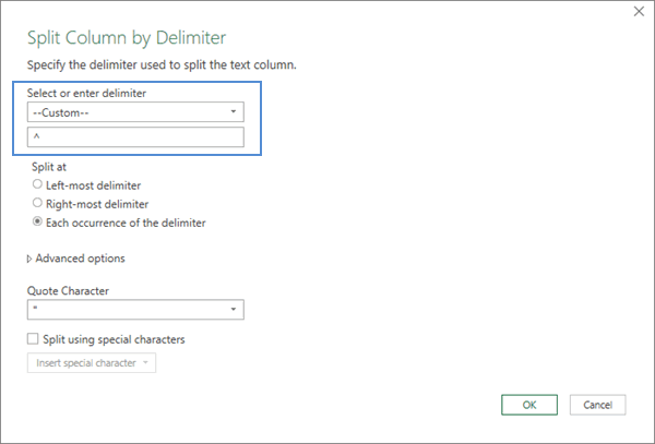 enter the caret symbol in Split Column by Delimiter screen