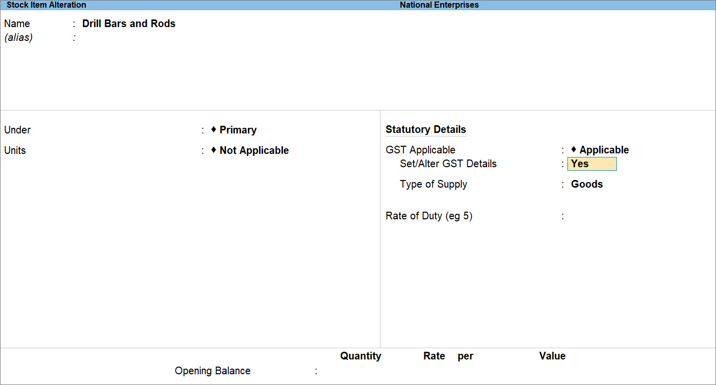 Set/Alter GST Details Set to Yes in Stock Item Alteration Screen in TallyPrime