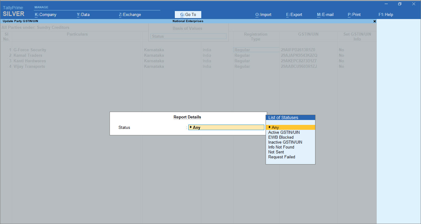 Use Basis of Values in the Update Party GSTIN Report in TallyPrime to View Parties Based on Their GSTIN Status