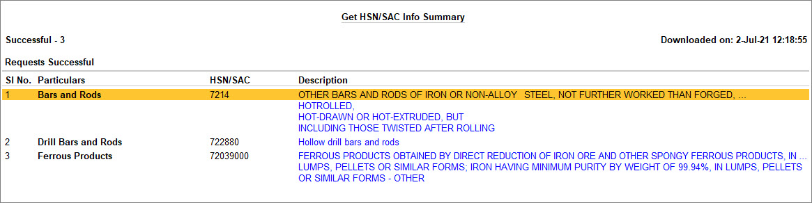 Press Alt+F5 to View Complete Description of Stock Items in Get HSN or SAC Info Summary in TallyPrime