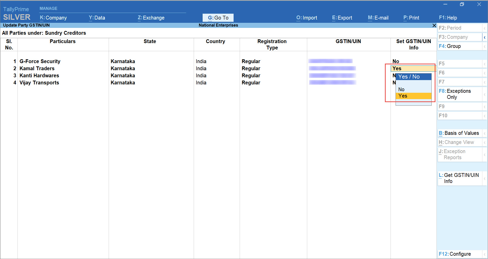 Enable Set GSTIN or UIN Info in the Update Party GSTIN Report in TallyPrime