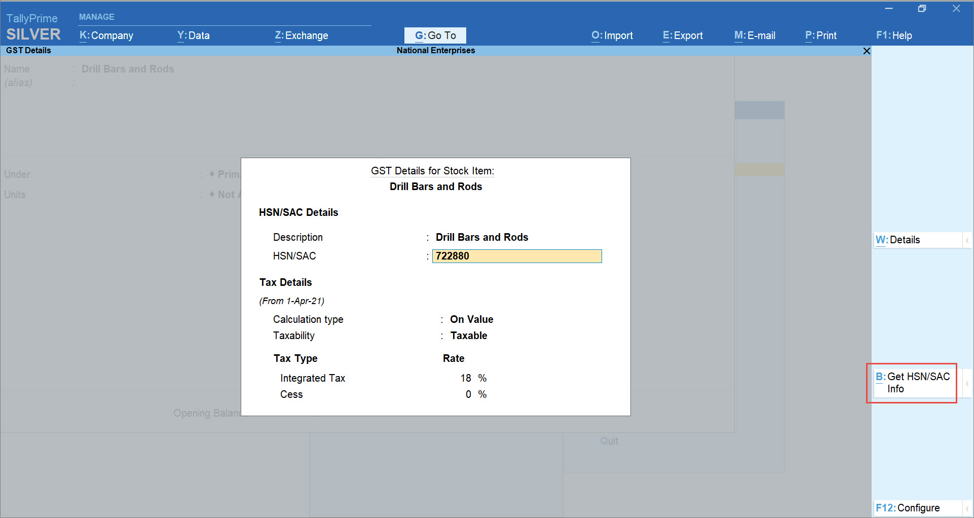 Get HSN-SAC Info Button in the Get GST Details Screen for Stock Item in TallyPrime