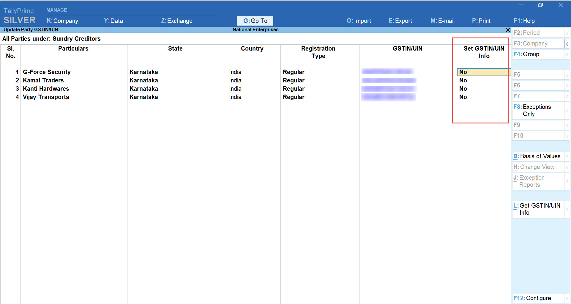 Set GSTIN or UIN Info Column in Update Party GSTIN Report in TallyPrime