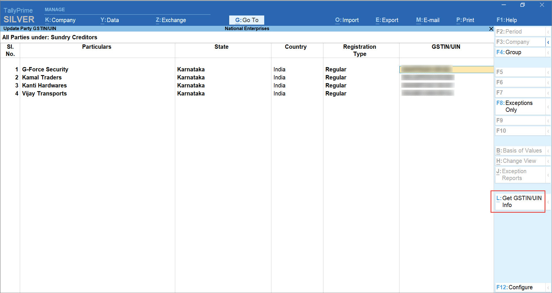 Update Party GSTIN Report in TallyPrime with Get GSTIN/UIN Button on the Right Button Bar