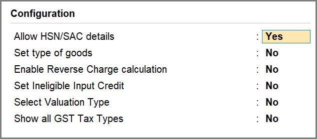Allow HSN/SAC Details Set to Yes in Stock Item Master in TallyPrime