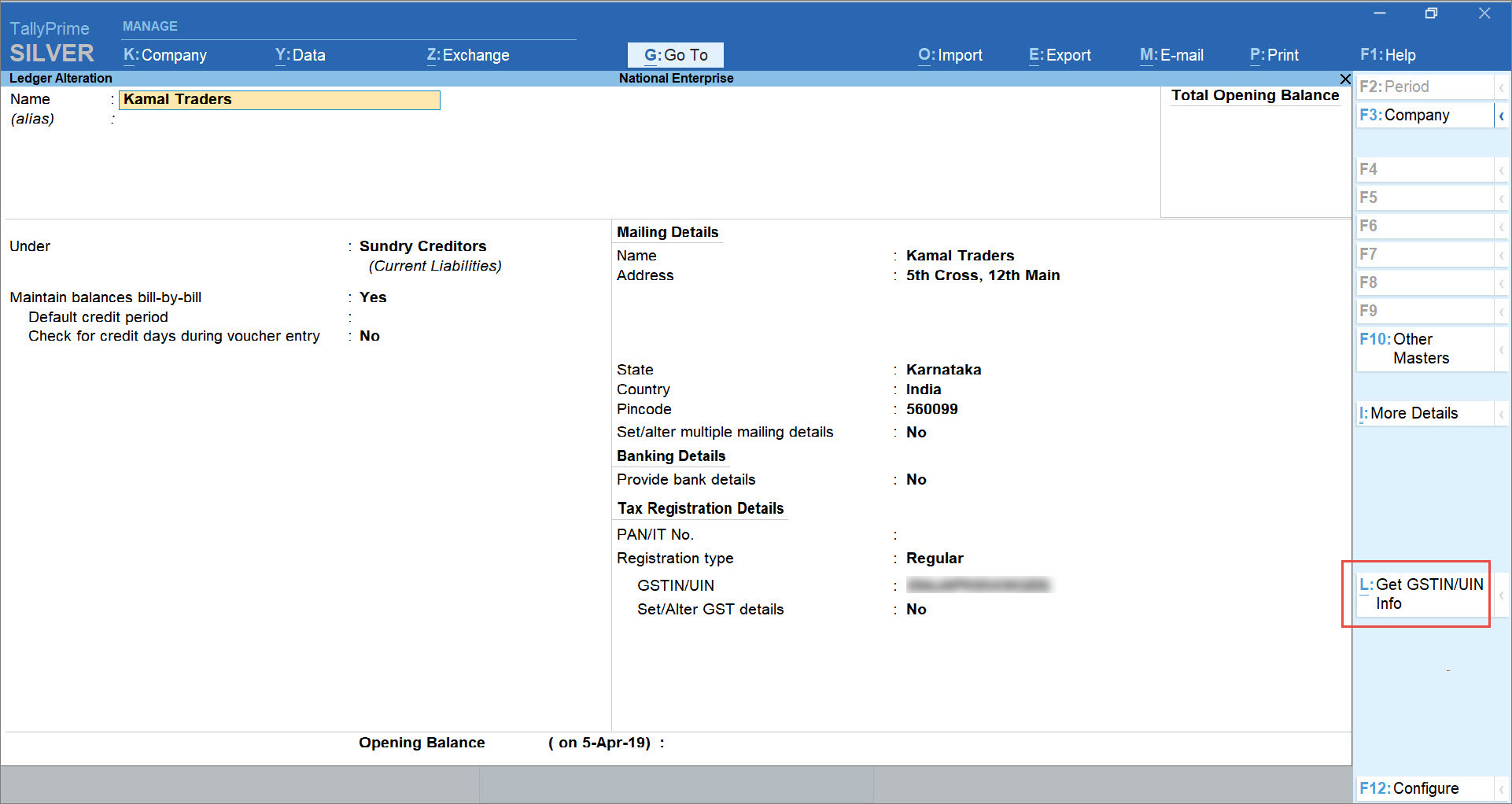 Get GSTIN or UIN Info in the Party Alteration Mode