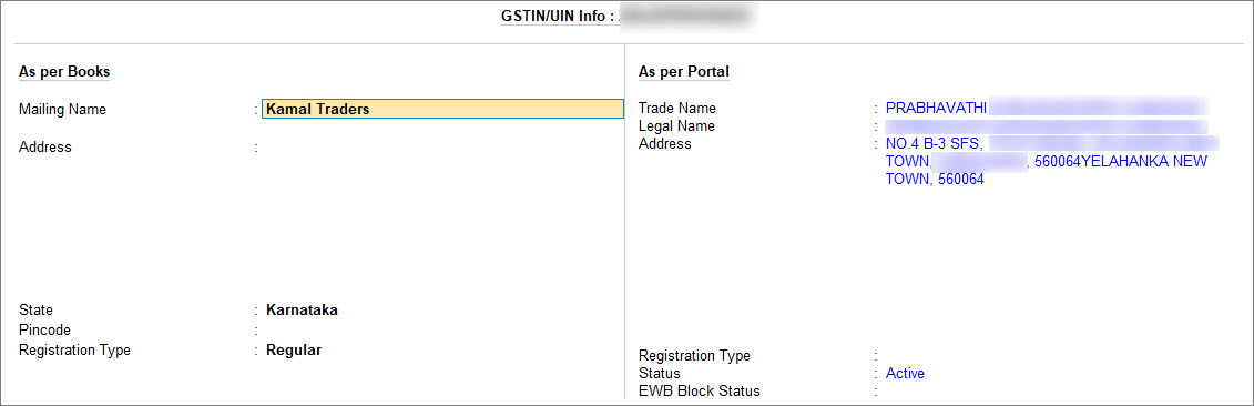 GSTIN or UIN Info Screen for the GSTIN of the Party