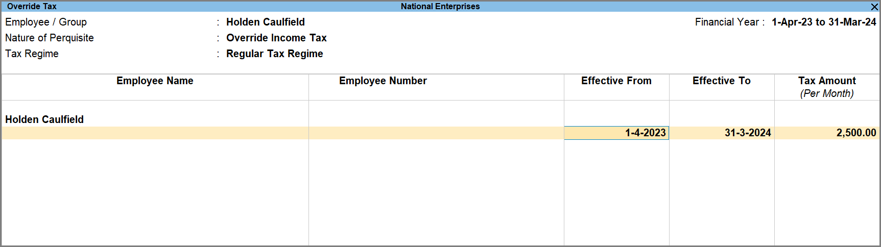 Altering Income Tax Amount Master to Declare Income Tax of Employee for a Period in TallyPrime