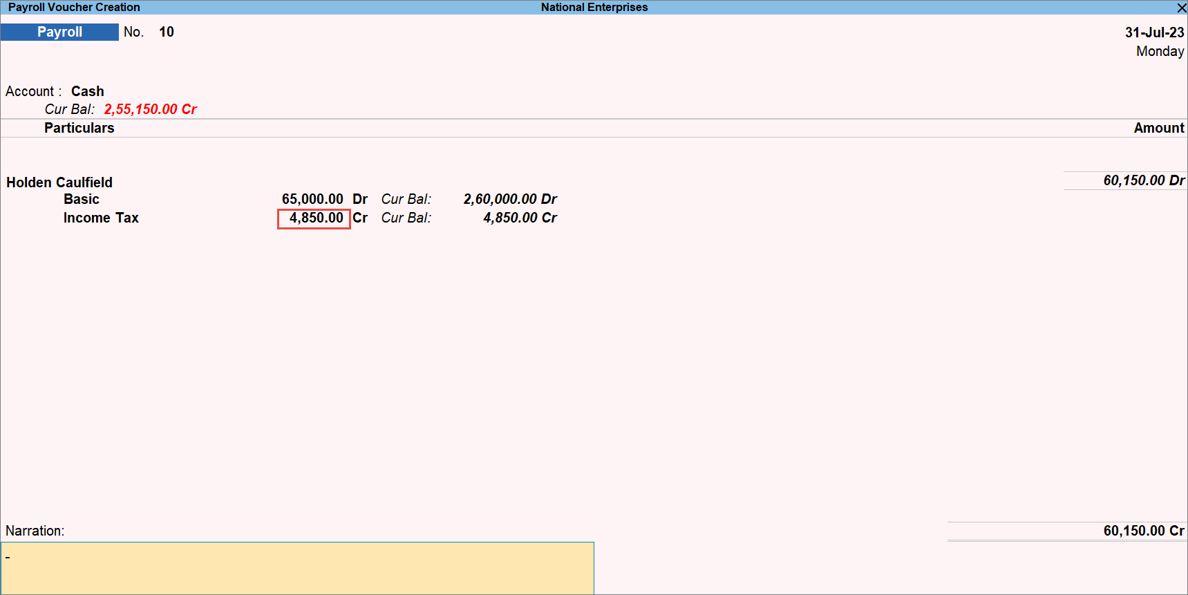 Payroll Voucher in TallyPrime with Manually Entered Income Tax Amount