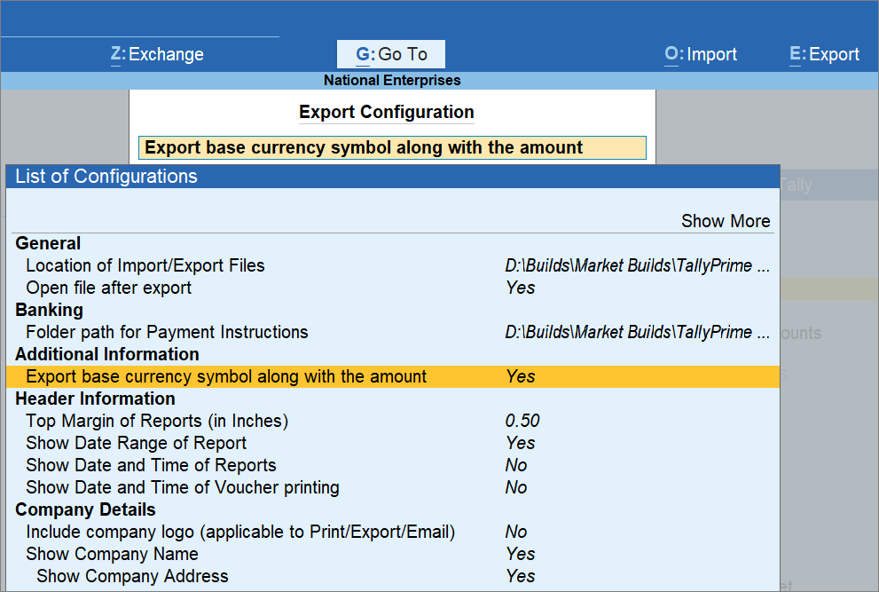 Export base currency symbol along with amount in TallyPrime