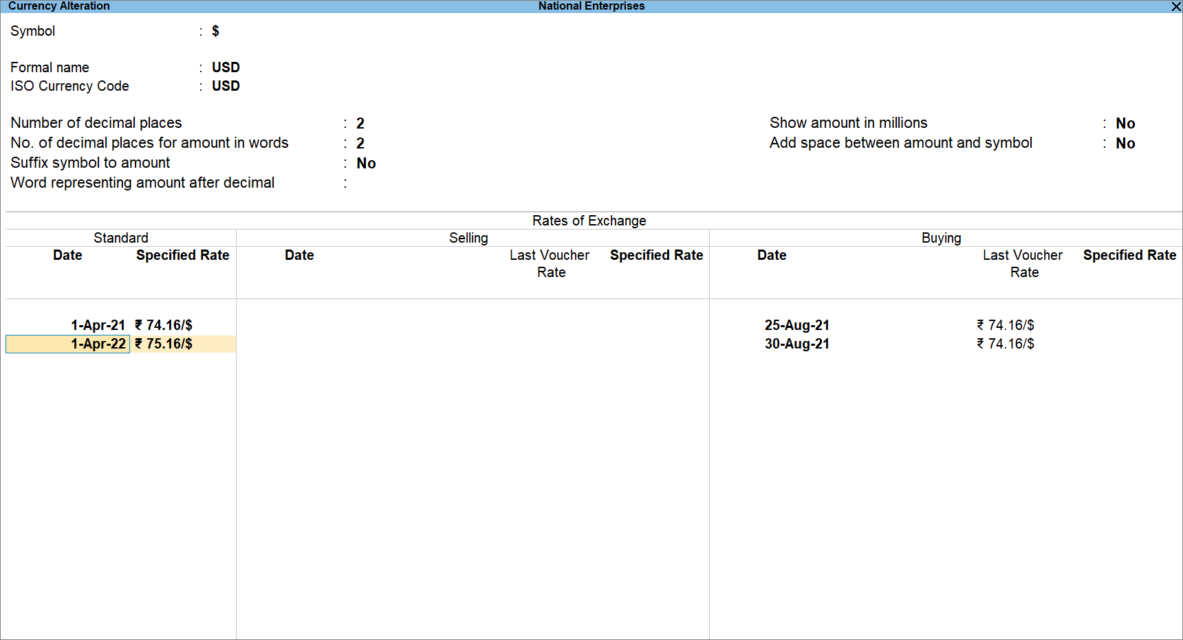 Standard Rate Against New Date in TallyPrime - Currency