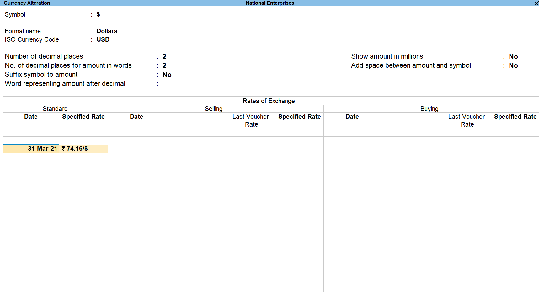Enter New Rate of Exchange as of 31-Mar-2021 in Currency Alteration Screen in TallyPrime