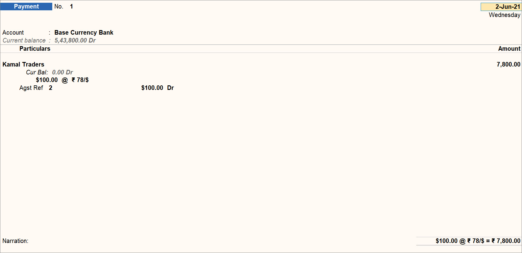 Payment Voucher with Forex Loss in TallyPrime