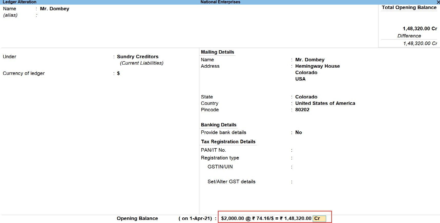 Opening Balance in Foreign Currency in TallyPrime