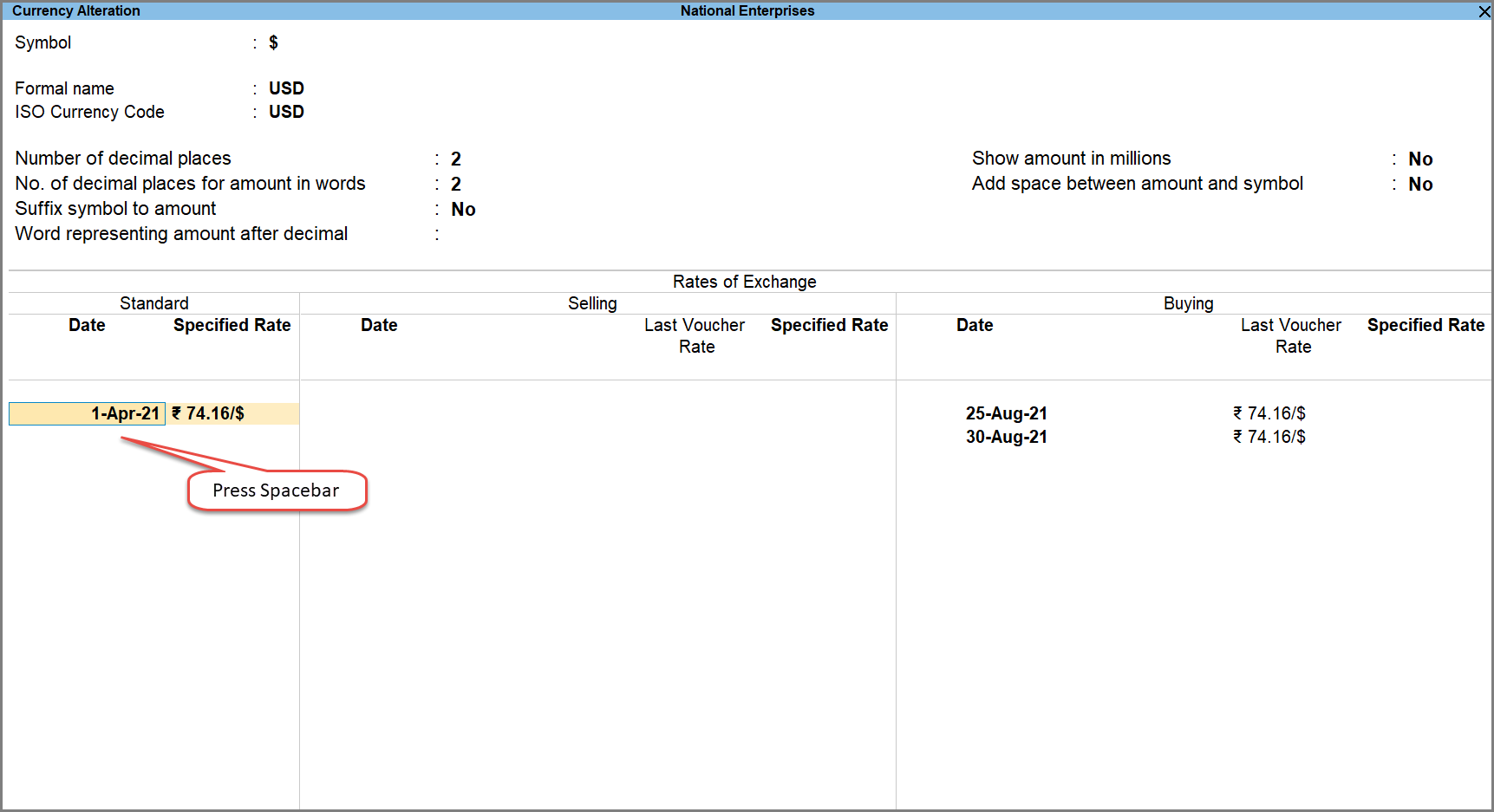 Press Spacebar to Remove Rate of Exchange During Currency Alteration in TallyPrime