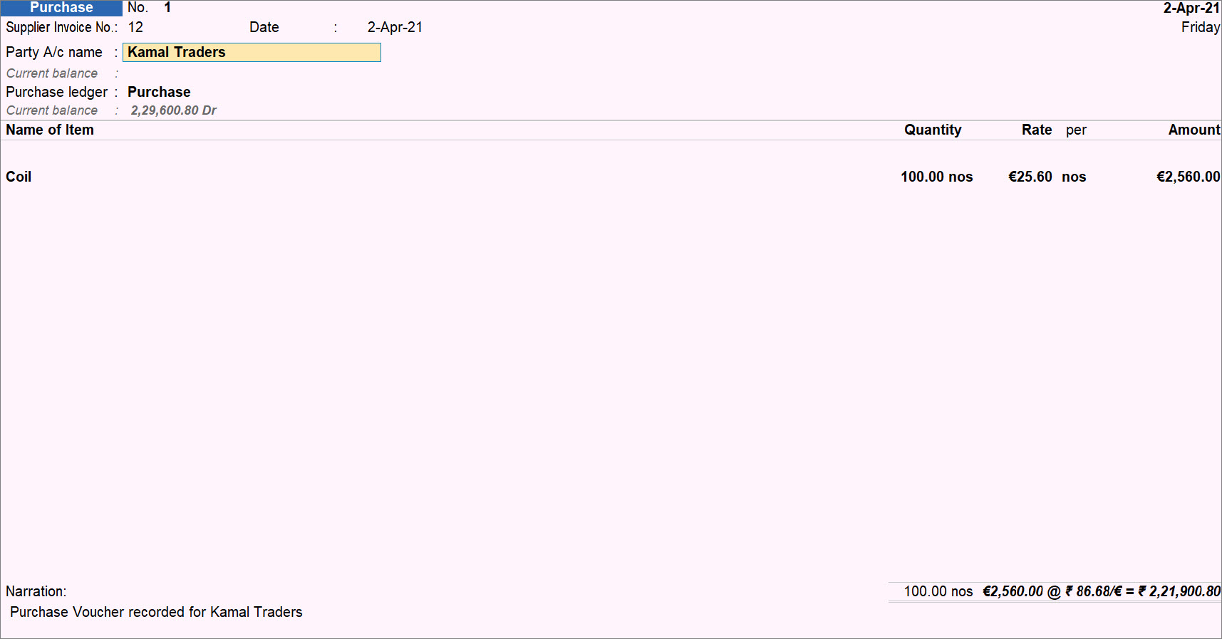 Purchase Voucher Involving Foreign Currency in TallyPrime