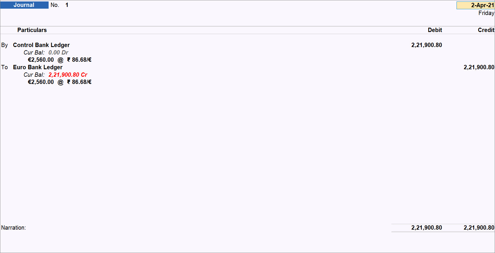 Journal Voucher for Money Transfer in TallyPrime