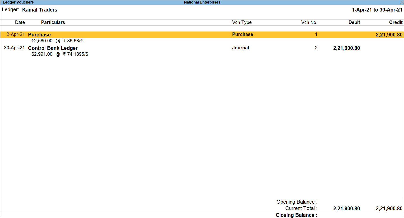 Ledger Vouchers report with Foreign Currency Transaction in TallyPrime