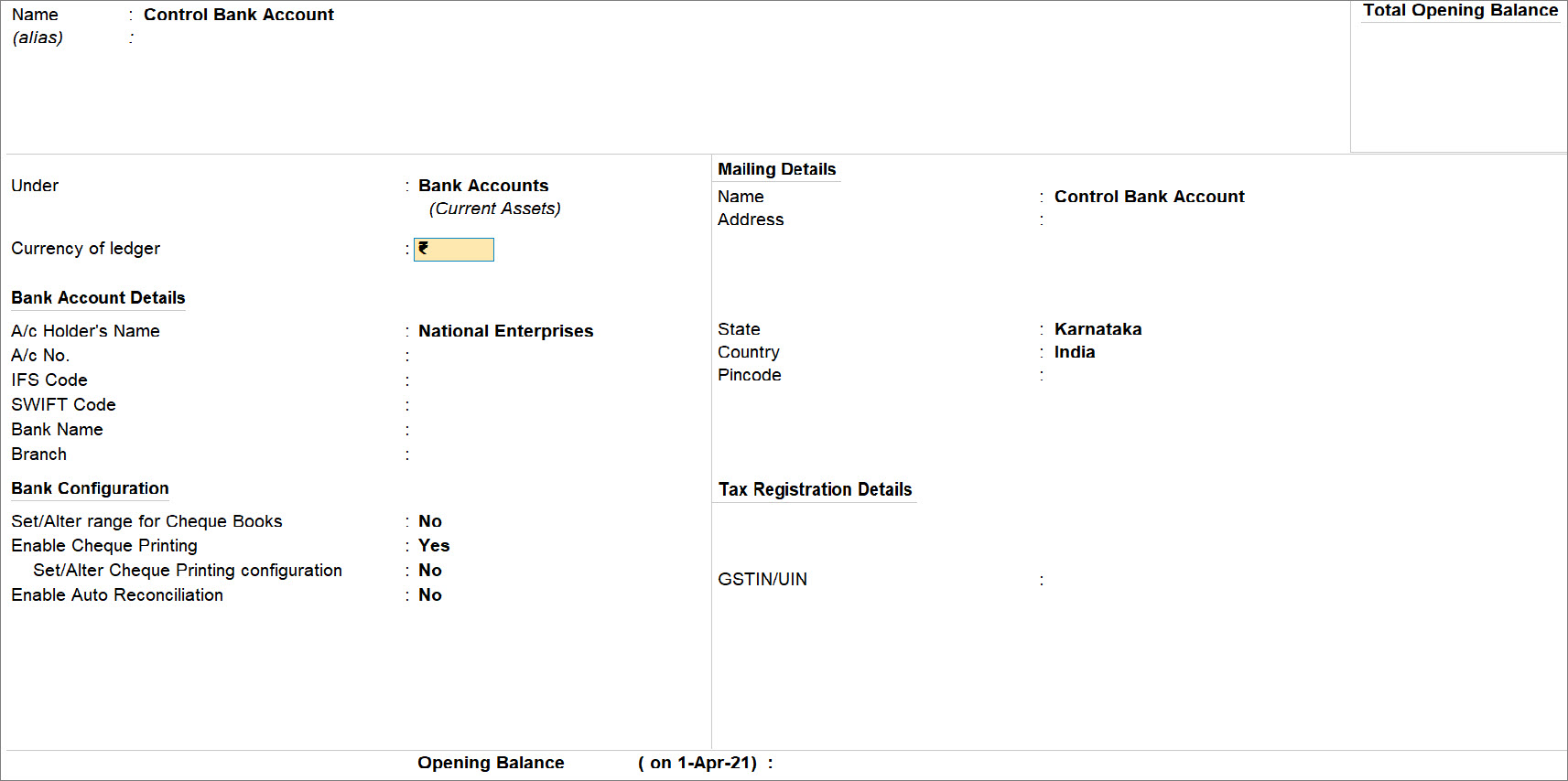 Control Bank Ledger in TallyPrime with INR Currency
