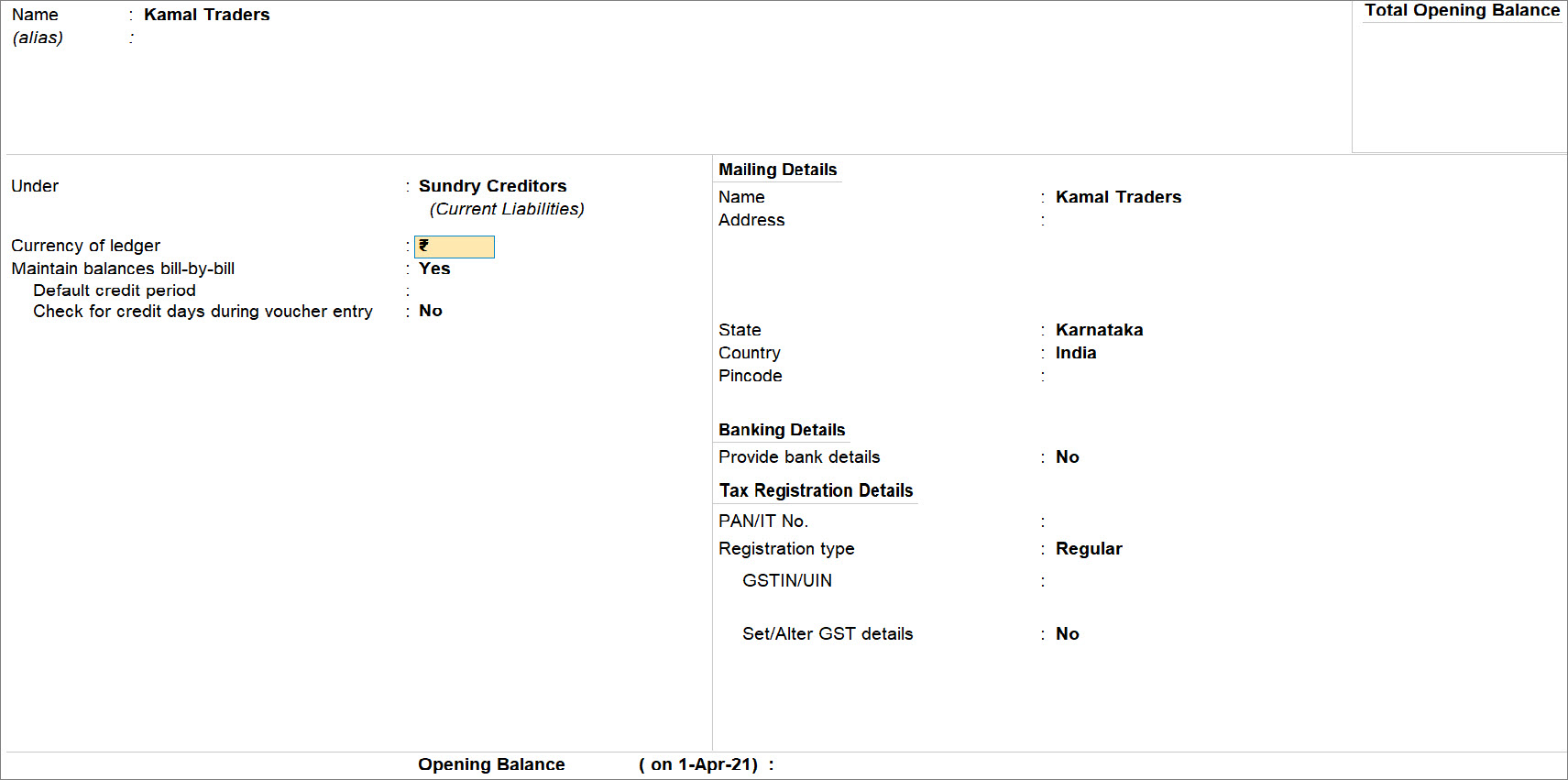 Supplier Ledger in TallyPrime with INR Currency