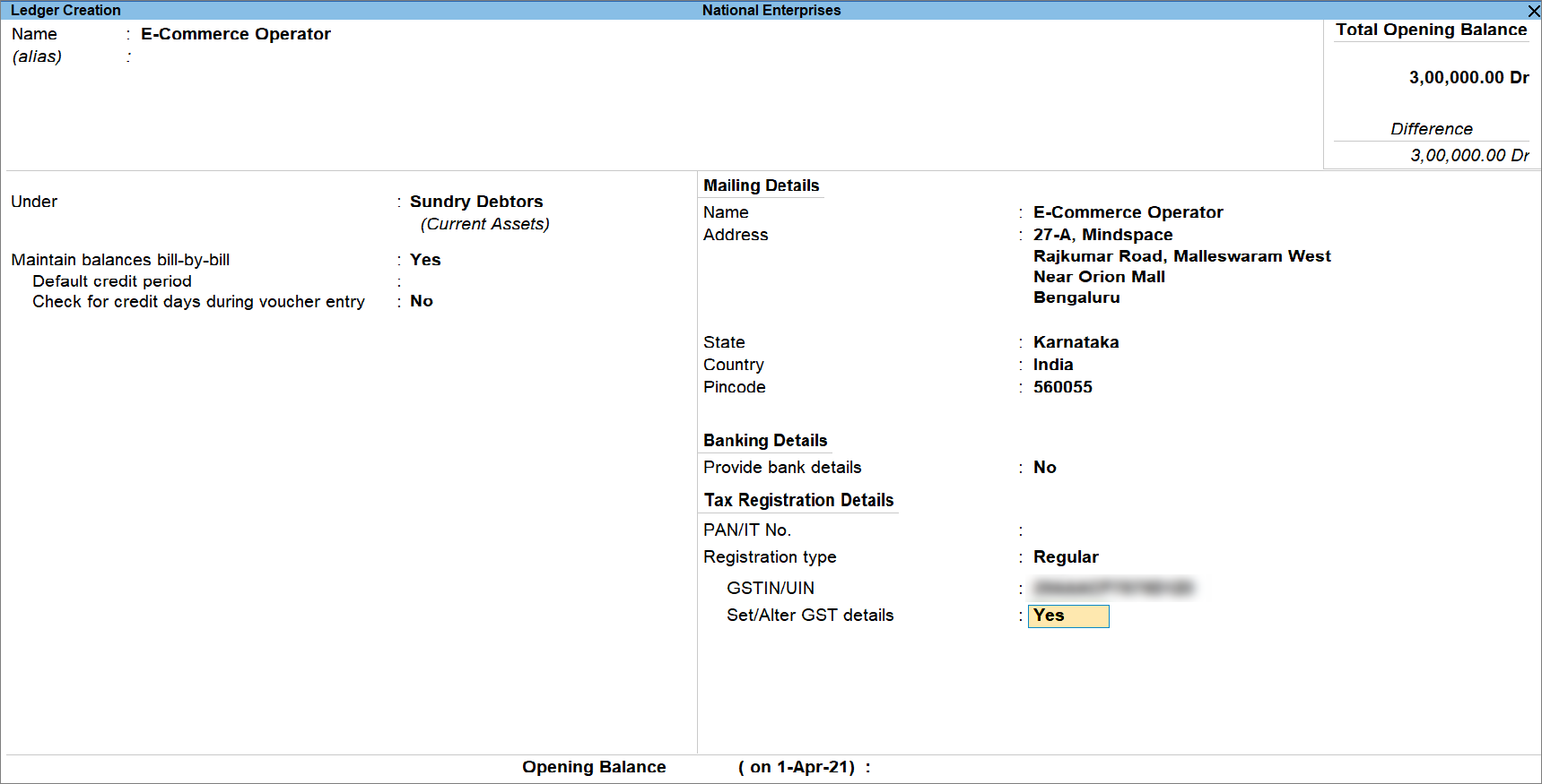 e-Commerce Operator Ledger in TallyPrime