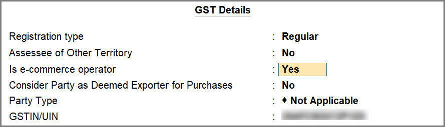 Is e-Commerce Operator: Yes under e-Commerce Operator Ledger Configuration in TallyPrime