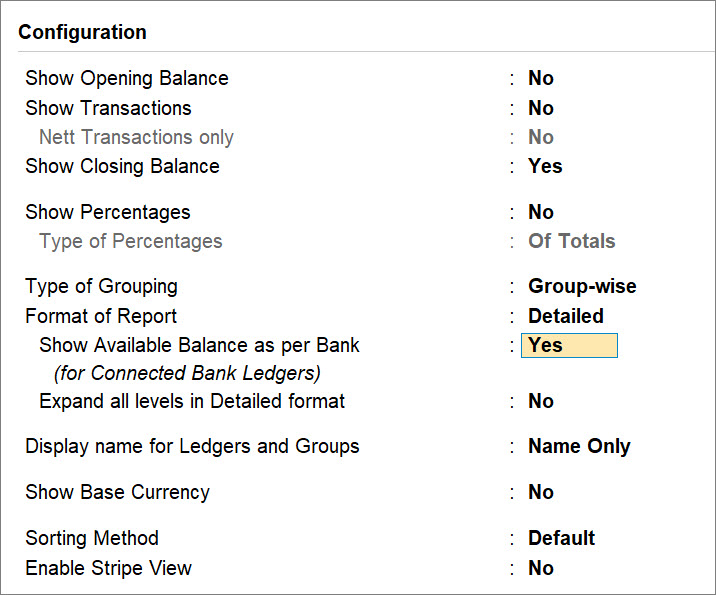 View Available Balance as per Bank in Group Summary