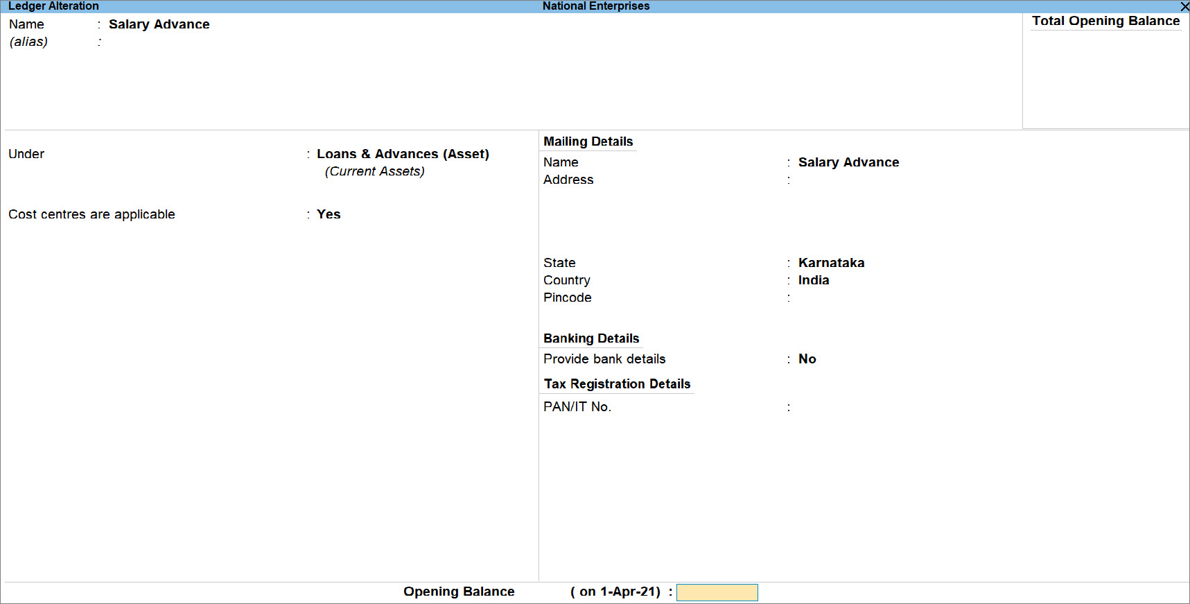 Salary Advance Ledger Without Opening Balance in TallyPrime