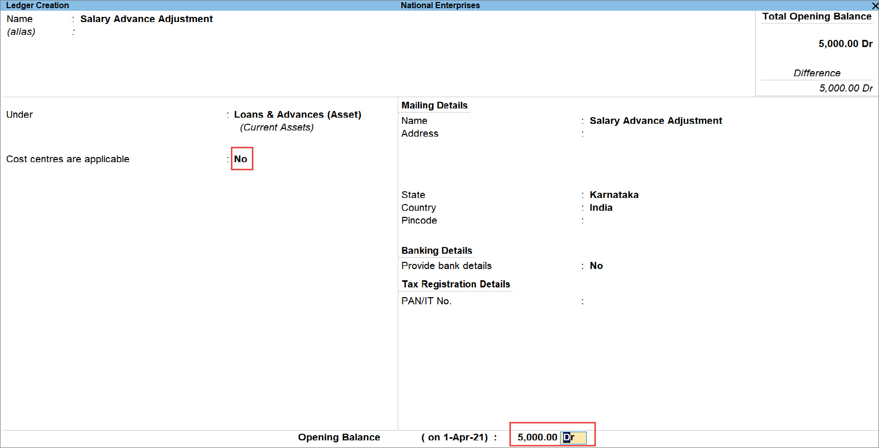 Salary Advance Adjustment Ledger in TallyPrime